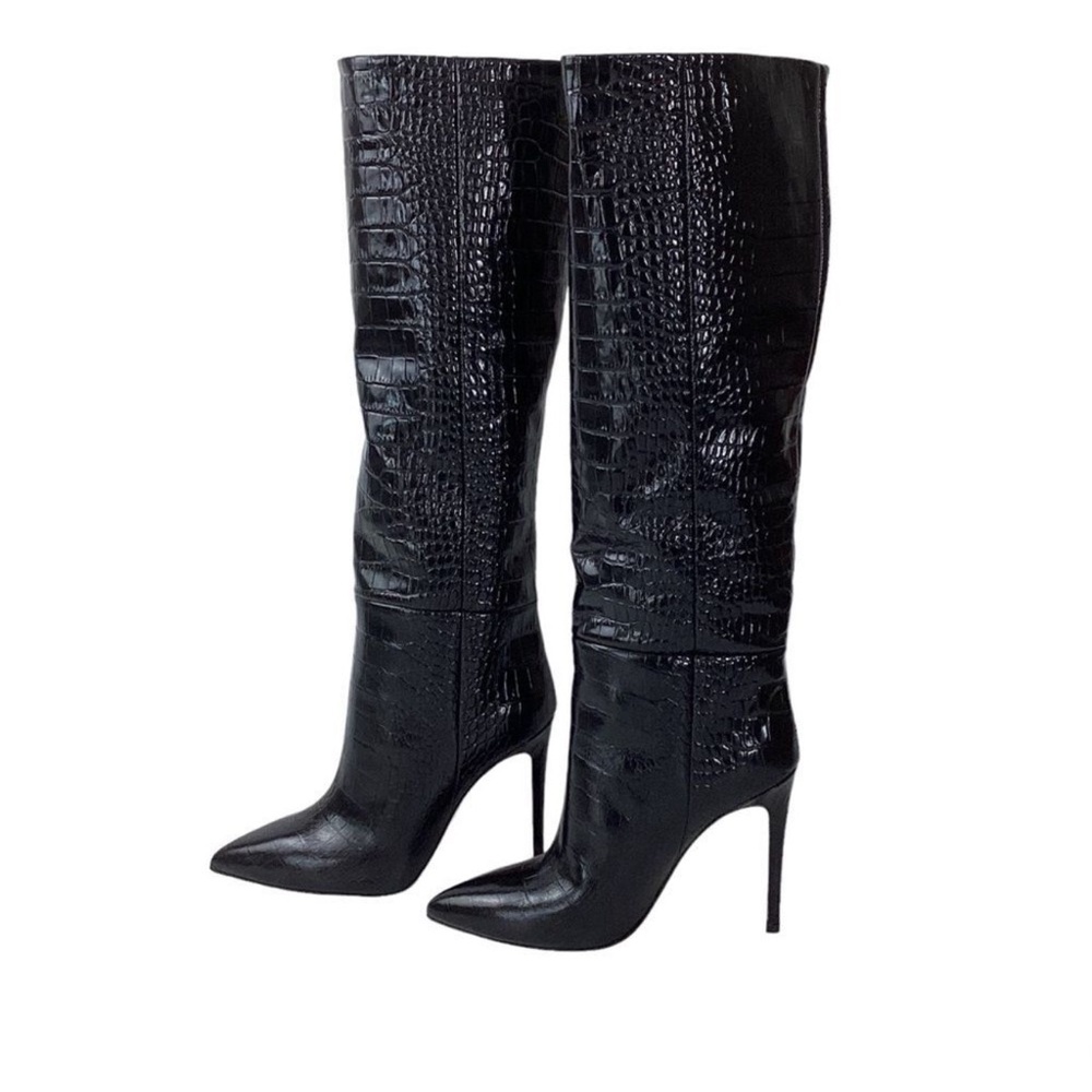 PARIS TEXAS Size 37.5 Embossed Crocodile Stiletto Boots Croco Black Leather Heel - Picture 1 of 9
